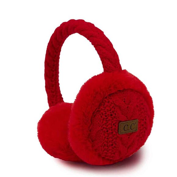 New RED Cable Knit Furry Earmuffs Adjustable Winter Ear Warmers Cozy - Picture 3 of 3